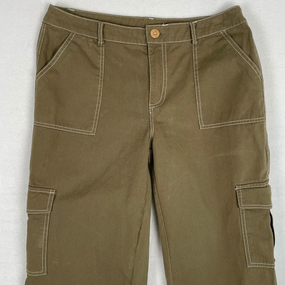 Hesperus XL Women's Olive Green Cargo Pants‎ Wide Leg Contrast Stitching Utility